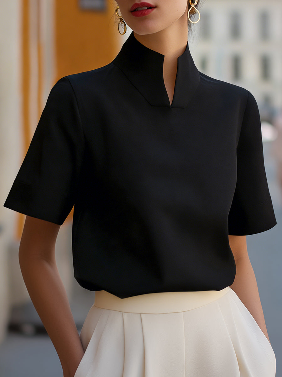 Structured Stand Collar Blouse With Split Detail