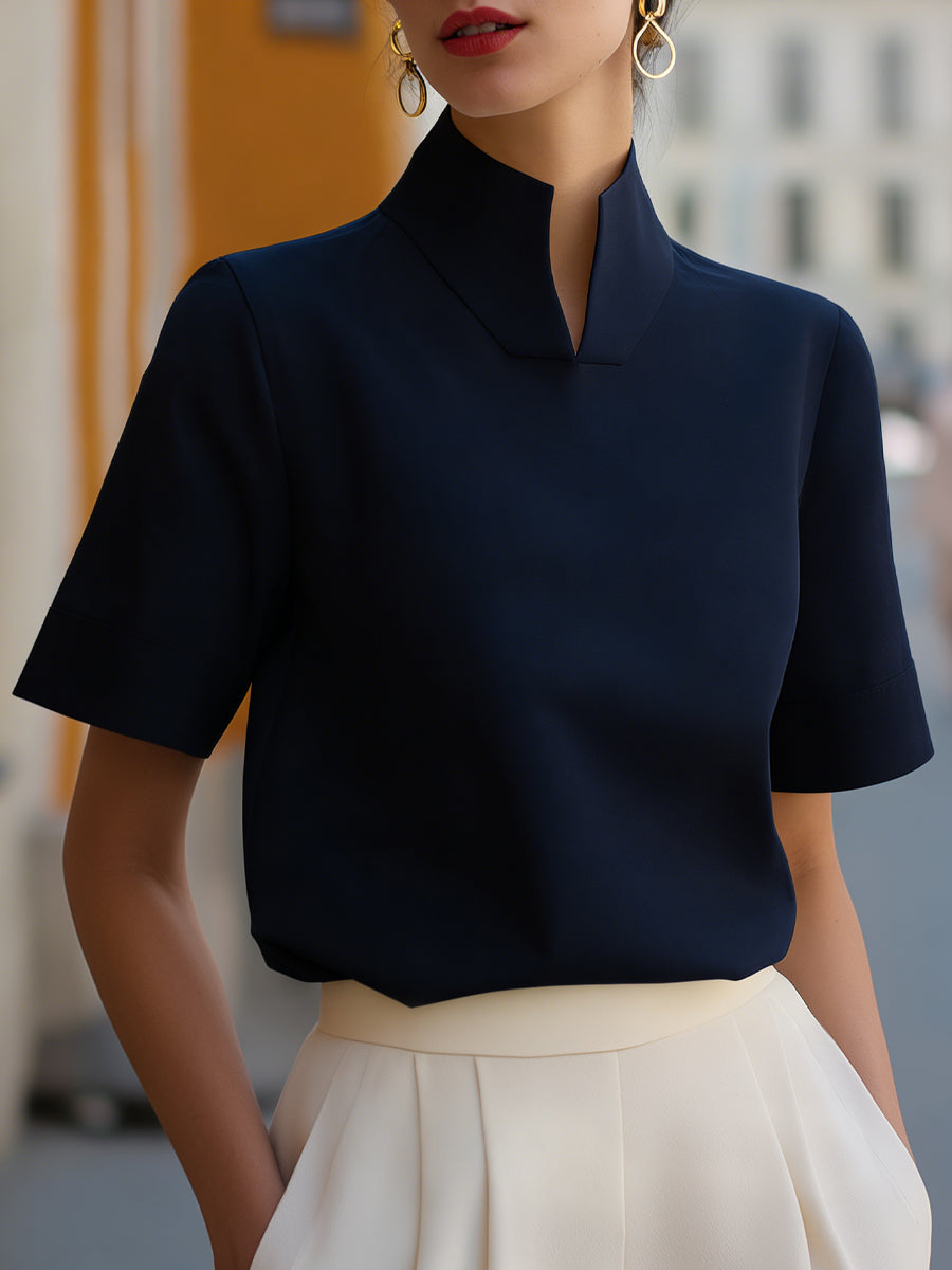 Structured Stand Collar Blouse With Split Detail