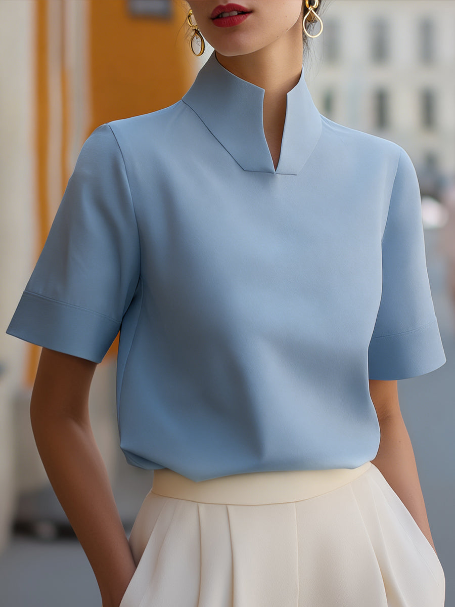 Structured Stand Collar Blouse With Split Detail