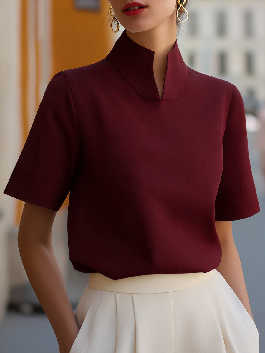Structured Stand Collar Blouse With Split Detail