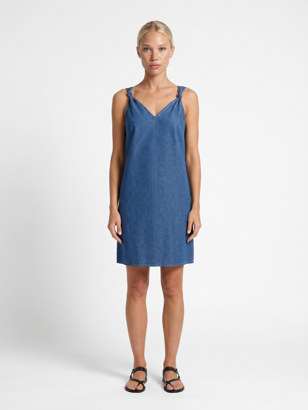 V-Neck Denim Mini Dress With Knotted Shoulder Straps