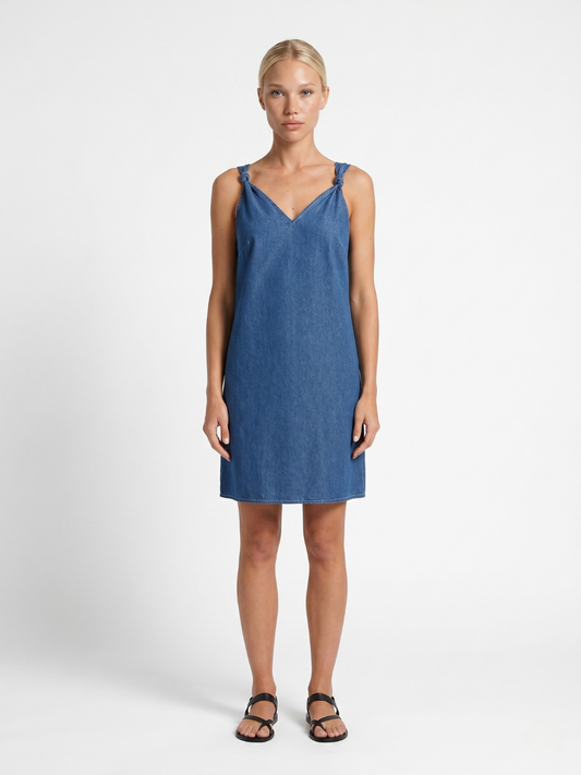 V-Neck Denim Mini Dress With Knotted Shoulder Straps