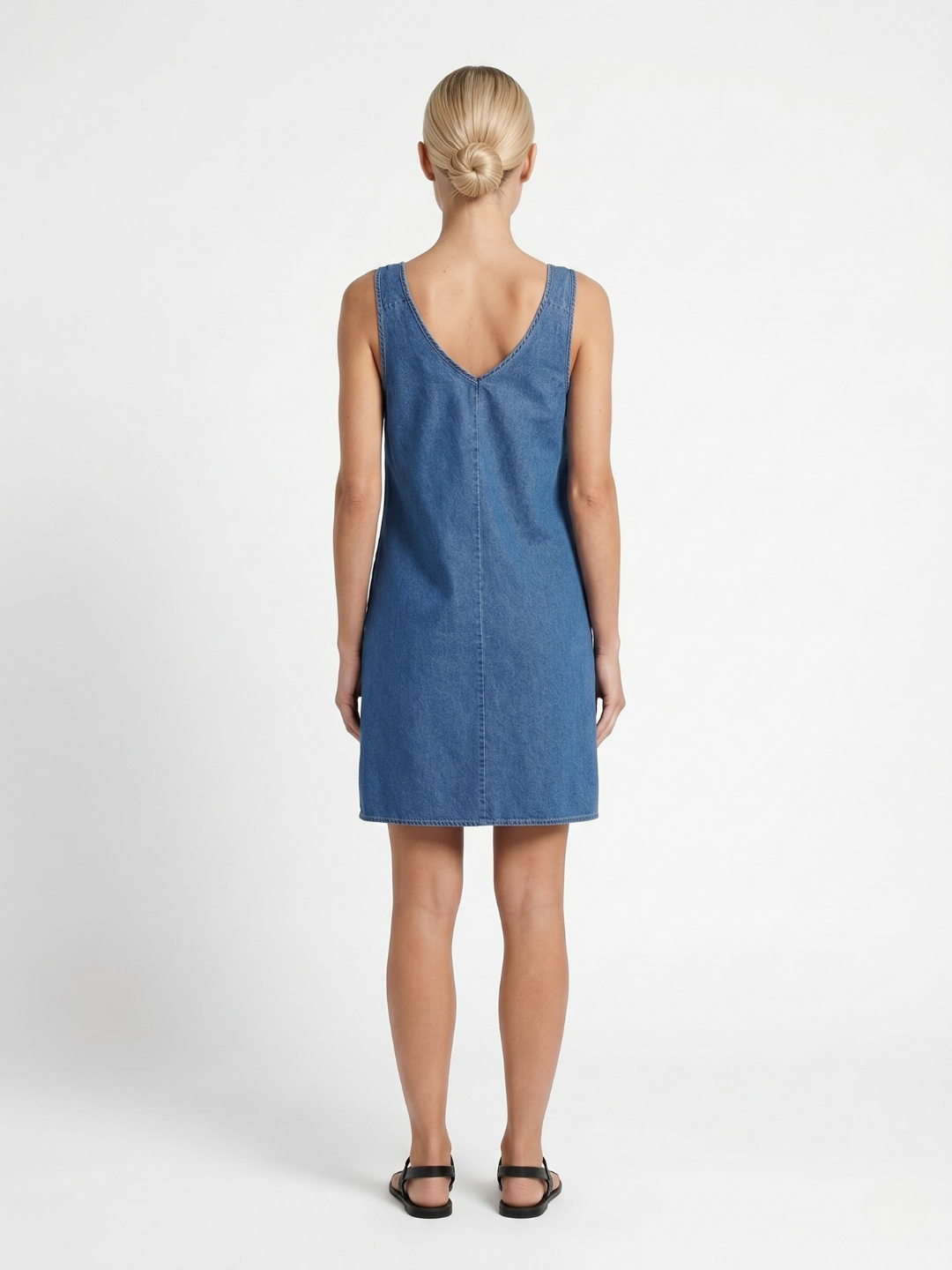 V-Neck Denim Mini Dress With Knotted Shoulder Straps