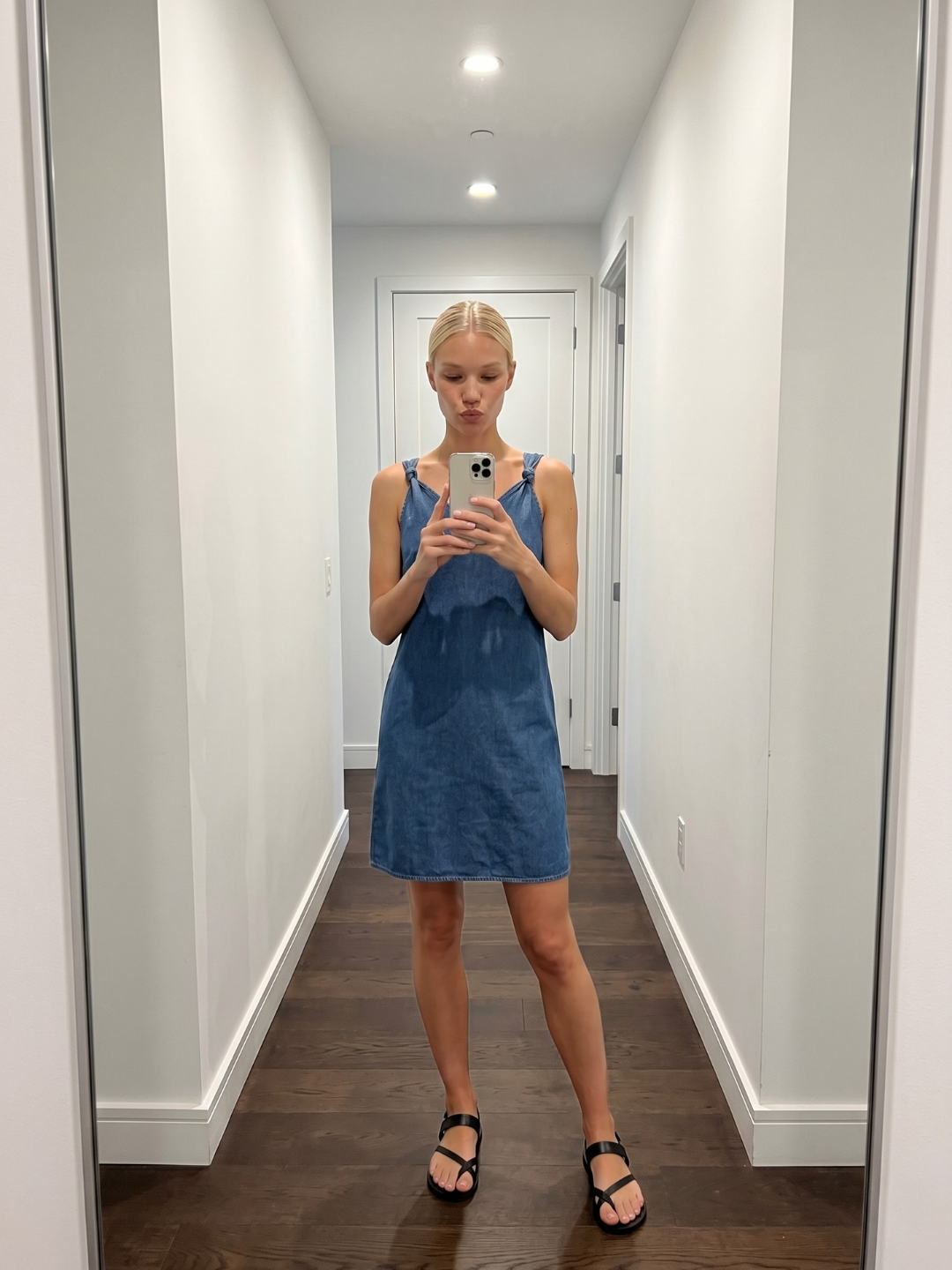 V-Neck Denim Mini Dress With Knotted Shoulder Straps