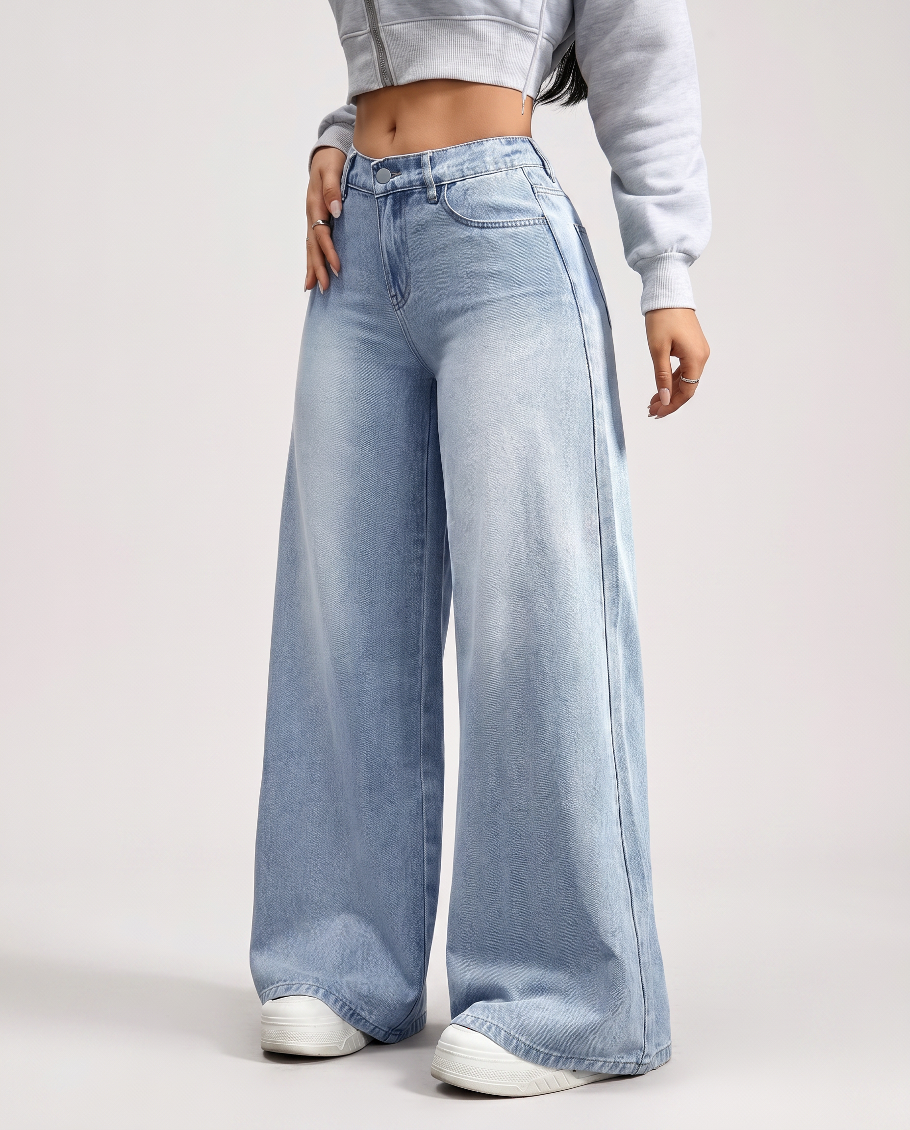 Wide-Leg Denim Jeans With Front Pockets