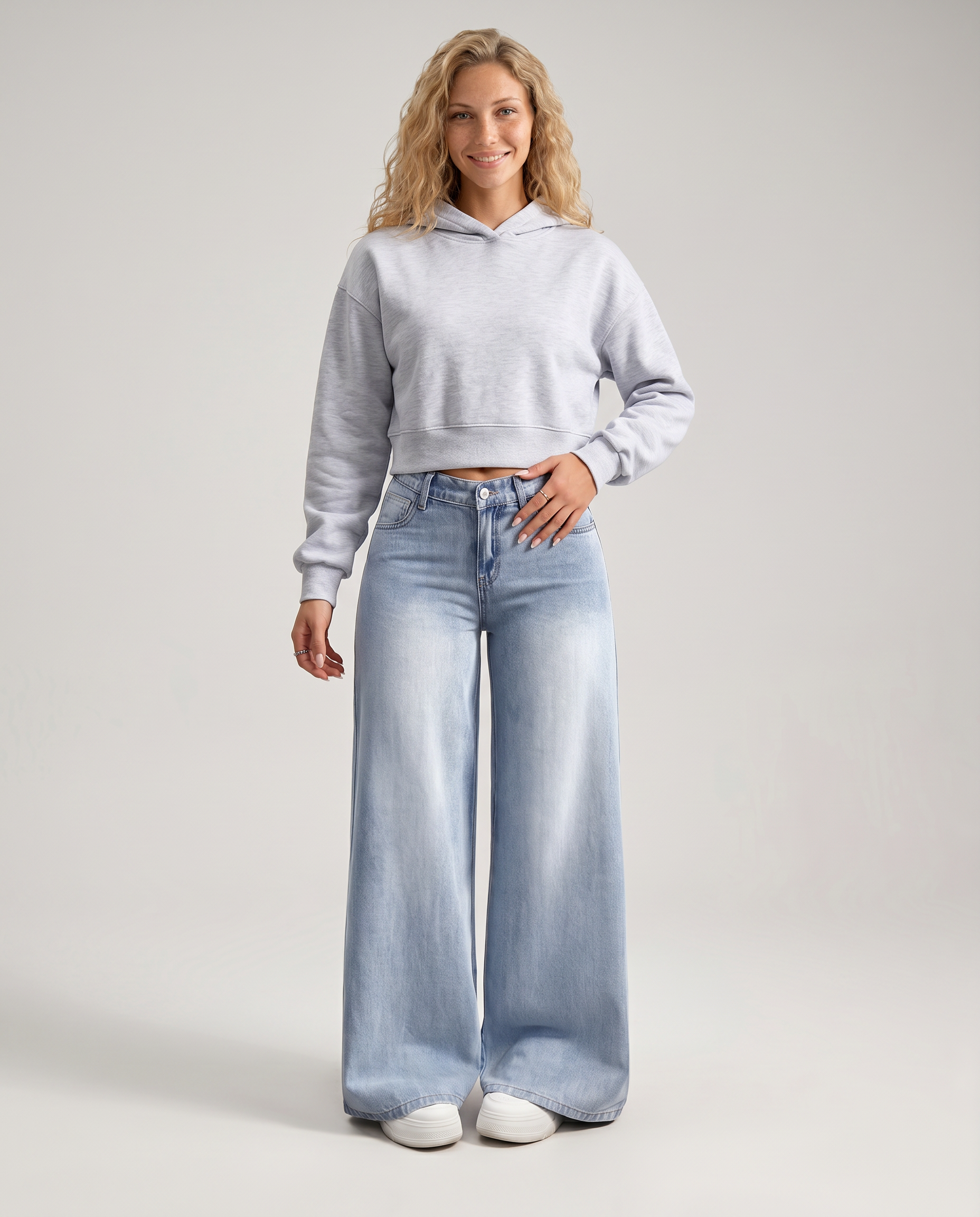 Wide-Leg Denim Jeans With Front Pockets